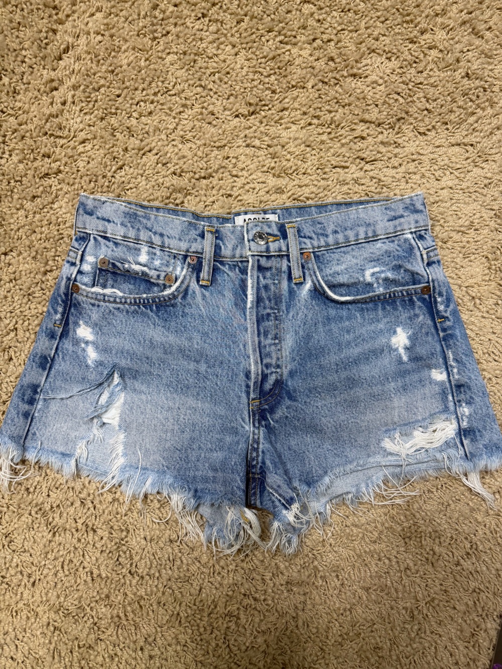 Agolde Light Blue Distressed Denim Shorts